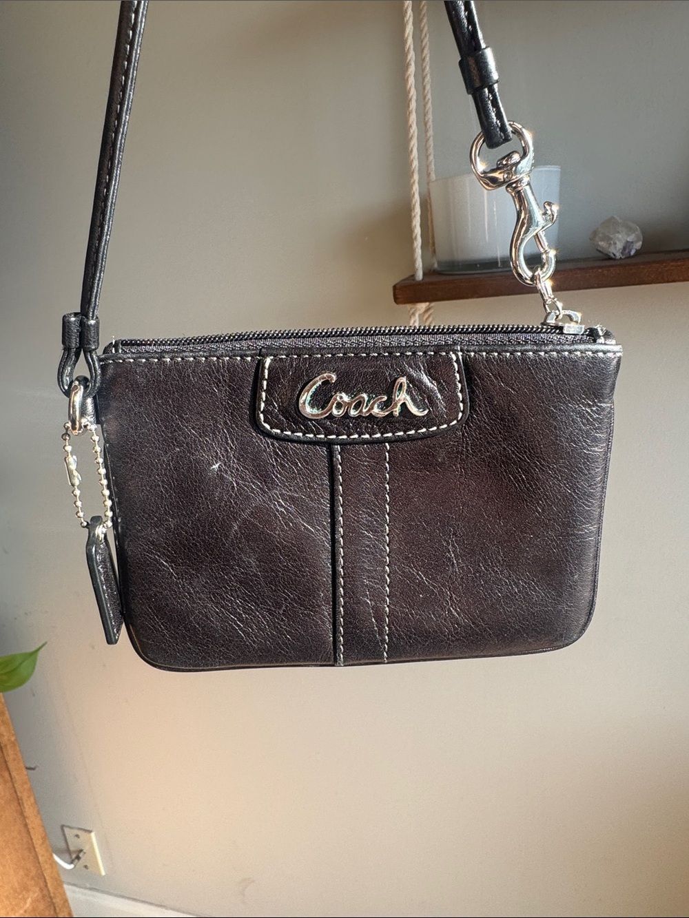 Coach Black Leather Wristlet with Silver Hardware